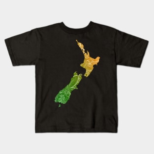 Colorful mandala art map of New Zealand with text in green and orange Kids T-Shirt